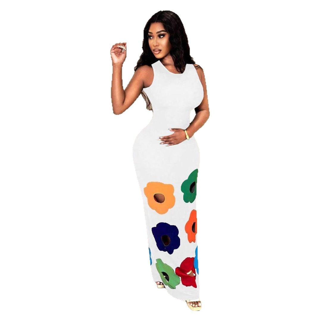 Women's Sexy Floral Printed Round Neck Sleeveless Hollow-Out Slim Fit Dress
