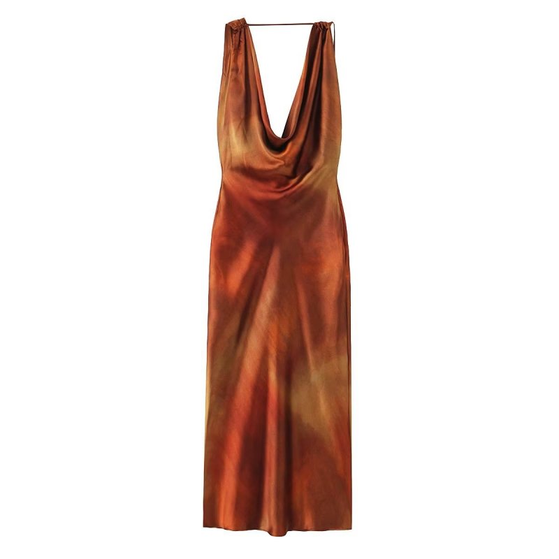 Women's Draped Collar Silk Satin Print Midi Dress