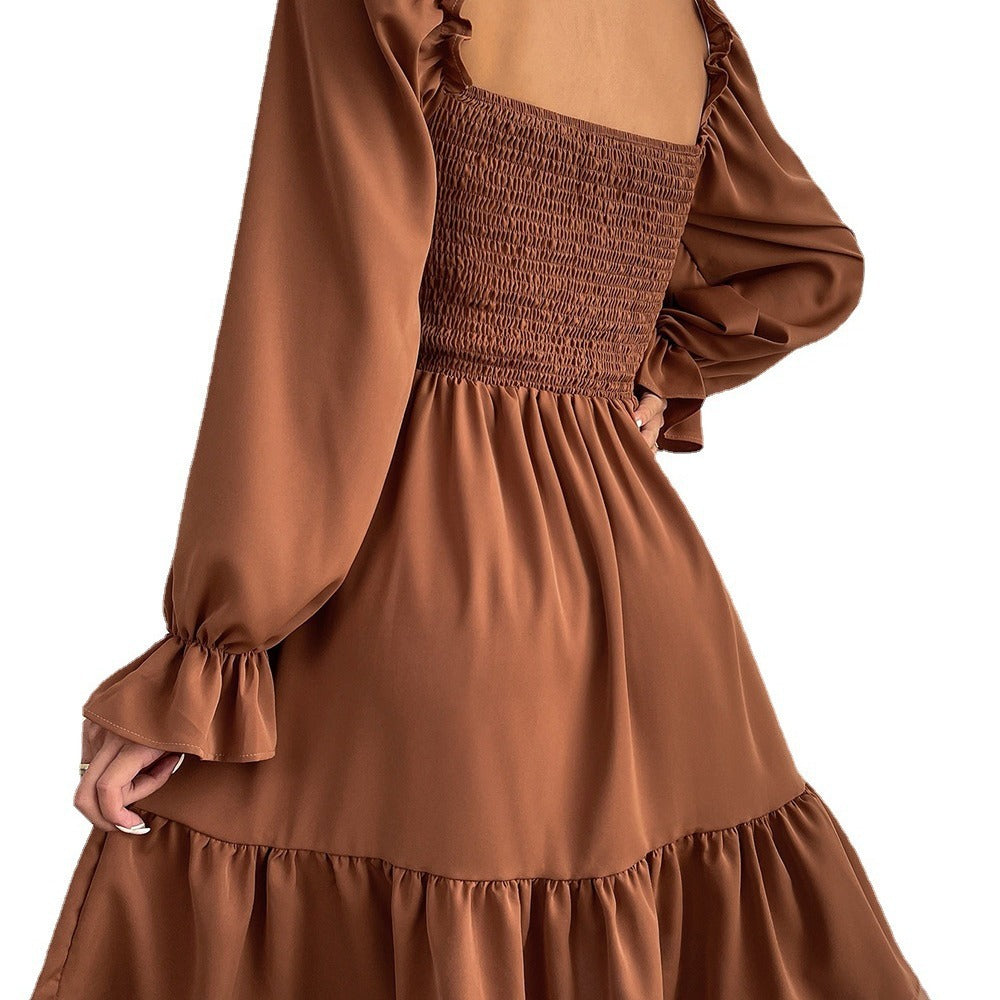 Women's Casual Solid Color Square Collar Long Sleeve Ruffled Dress