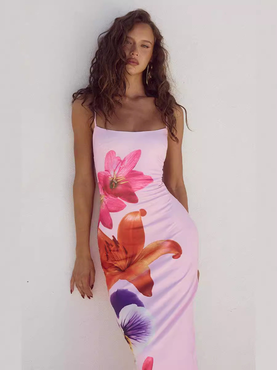 Women's Summer Sexy Floral Printed Sling Split Maxi Dress