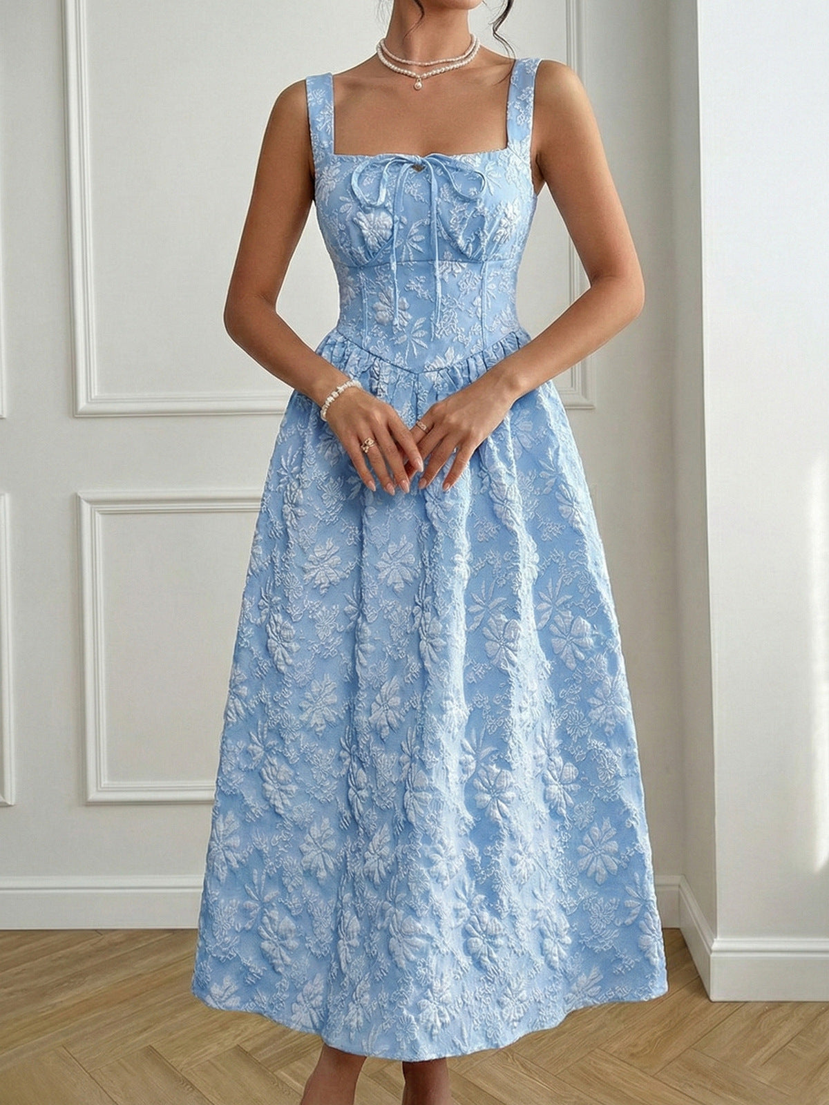 Women's Elegant Summer Blue Jacquard Square Neck Sleeveless Dress