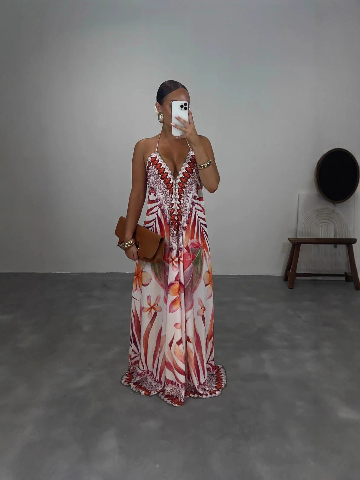 Women's Sexy Bohemian Printed Spaghetti Strap Backless Swing Dress