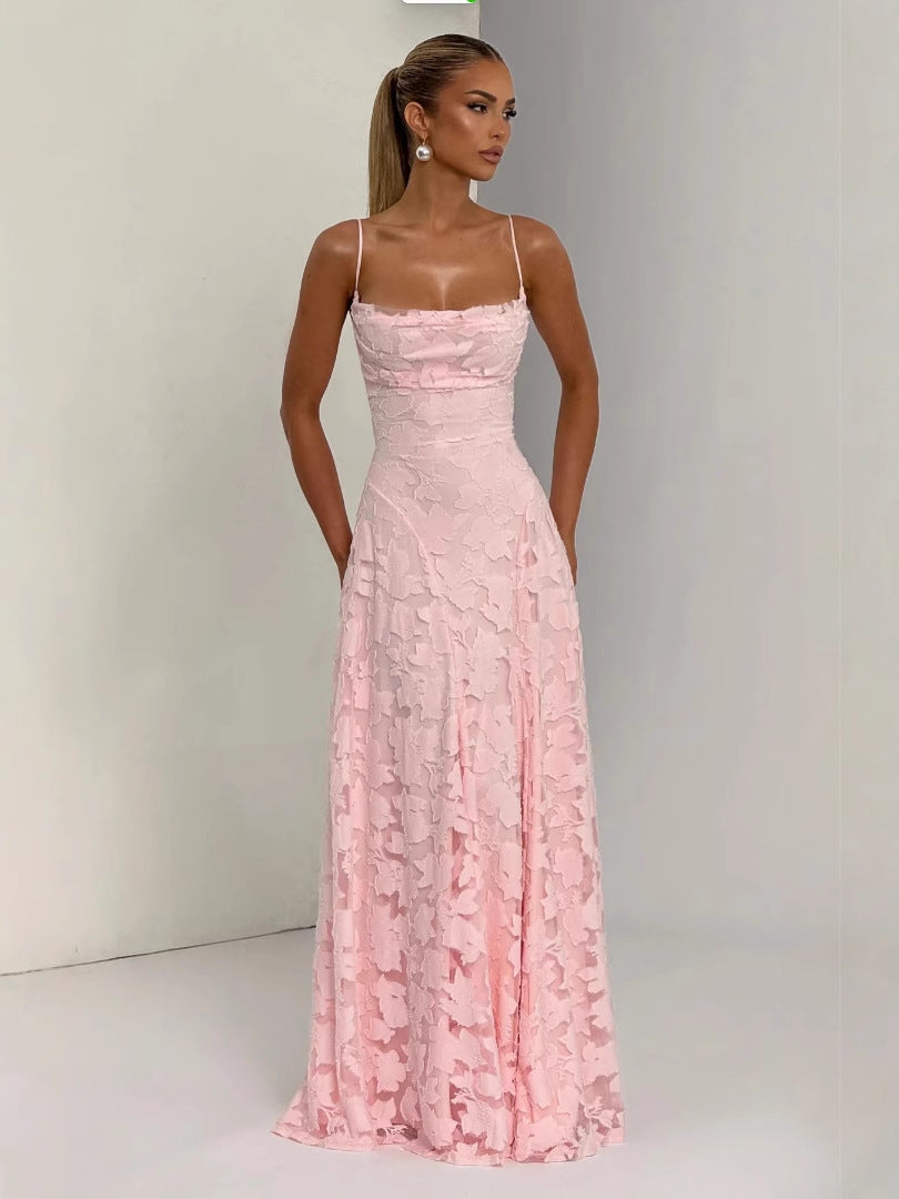 Women's Elegant Solid Color Lace Spaghetti Strap Backless Dress