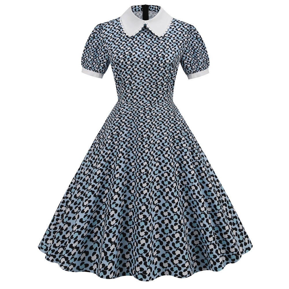 Women's Vintage Summer Floral Printed Short Sleeve Doll Collar Large Swing Dress