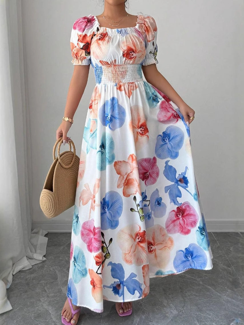 Women's Elegant Floral Printed Bubble Sleeve Square Neck Loose Dress