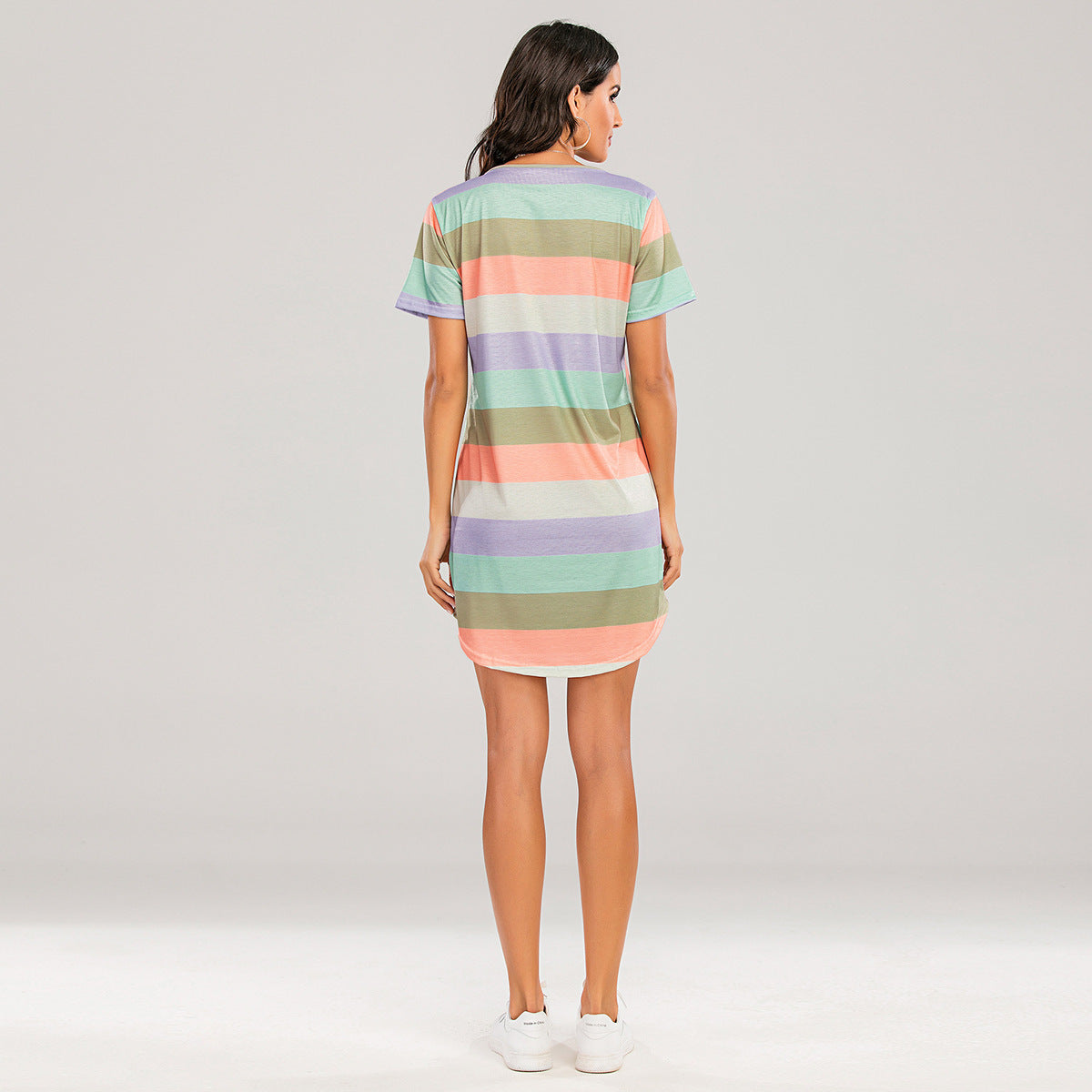Women's Casual Spring and Summer Rainbow Stripe Short Sleeve Loose Dress