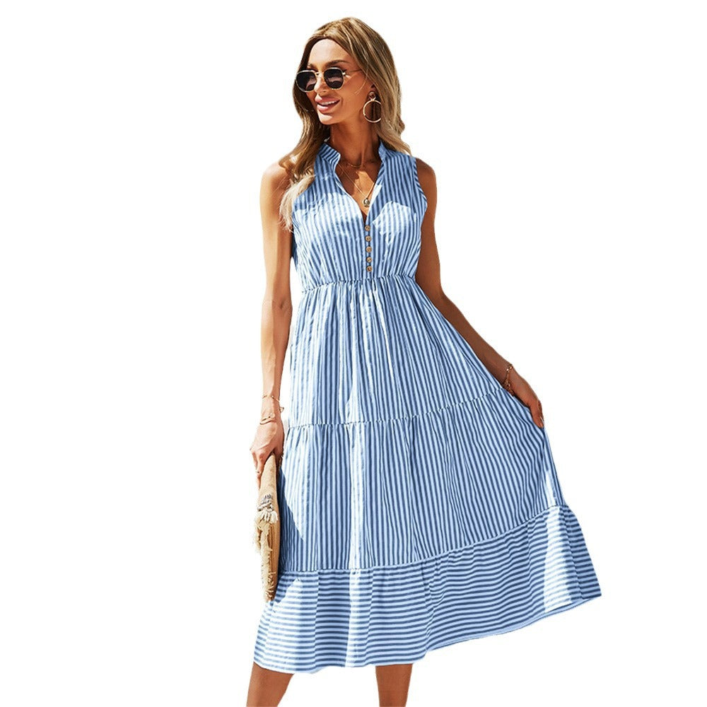 Women's Casual Stripe Print V-Neck Sleeveless Midi Dress