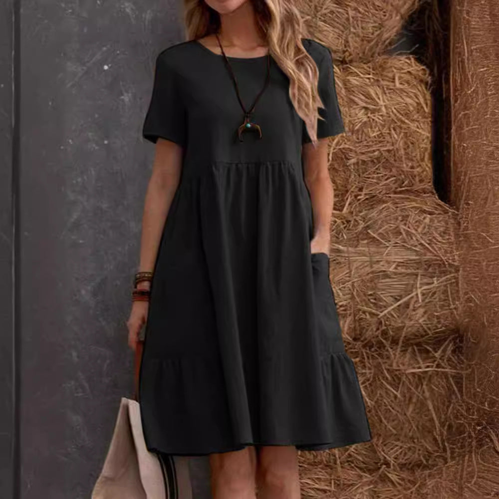 Women's Casual Cotton Linen Loose Solid Color Round Neck A-Line Dress