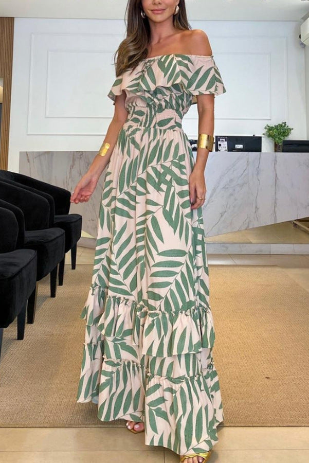 Women's Casual Leaf Print Boat Neck Elastic Waist Long Dress