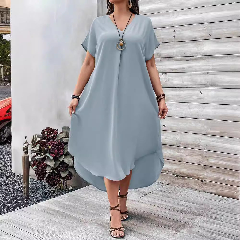 Spring and Summer Plus Size Women Casual V-Neck Irregular Skirt Dress