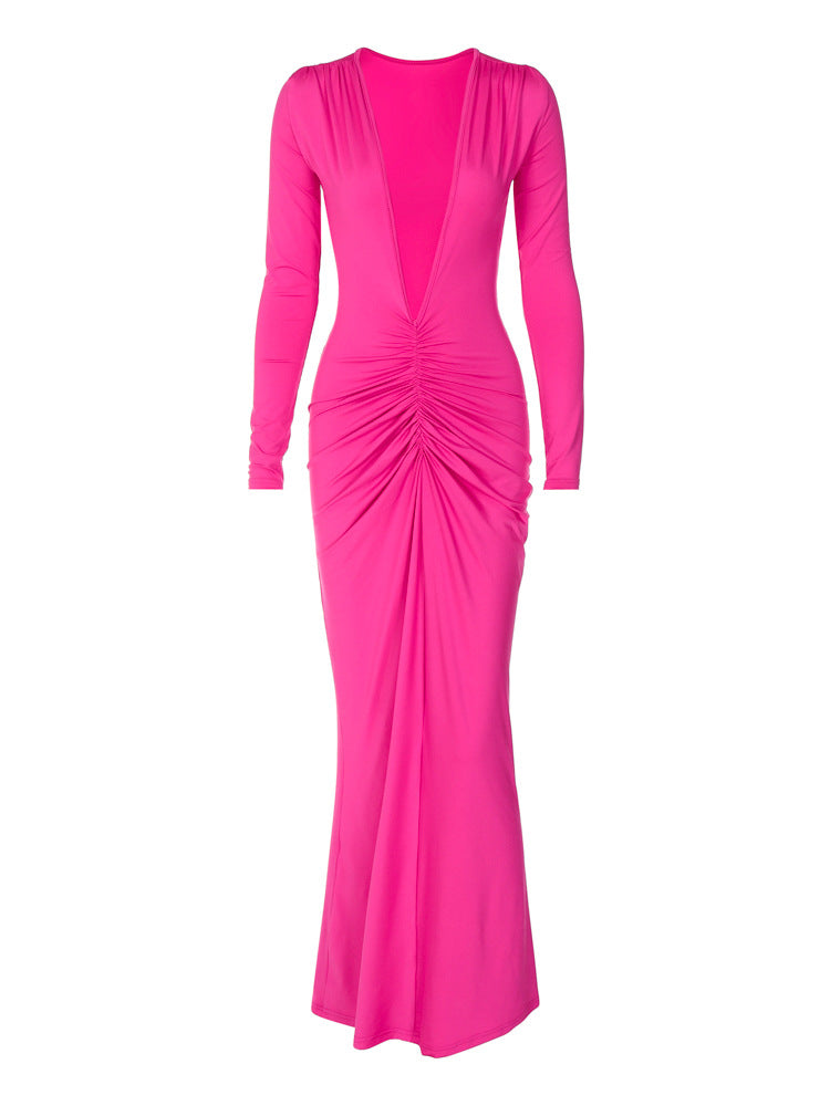 Women's Summer Sexy Deep V Creased Long Sleeve Tight Maxi Dress