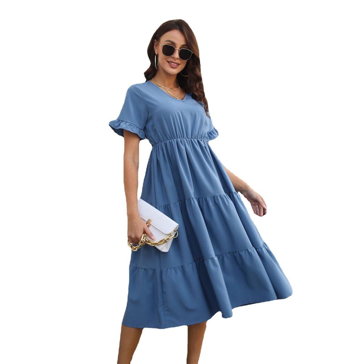 Women's Casual Summer Solid Color V-Neck Short Sleeve Ruffled Layered Dress