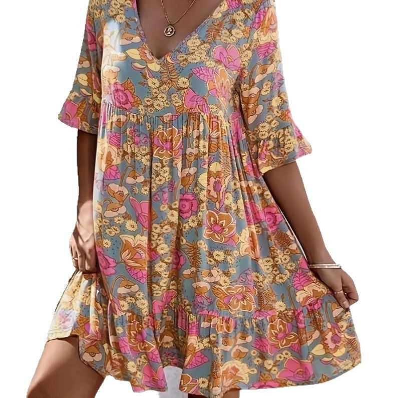 Women's Summer Casual V-Neck Floral Print Bohemian Dress