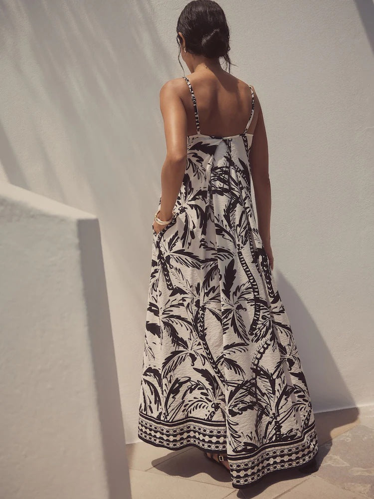 Women's Casual Vacation Printed V-Neck Spaghetti Strap Large Swing Dress