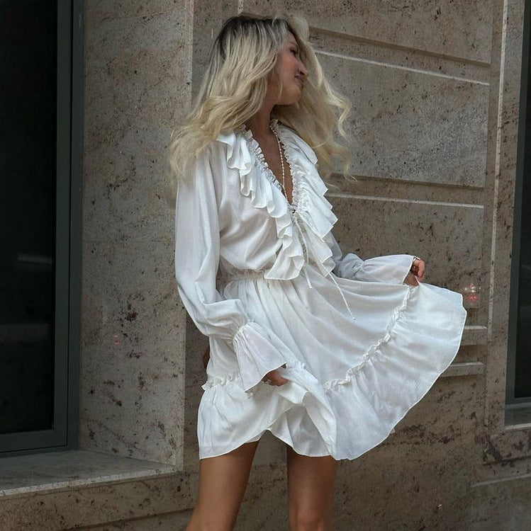 Women's V-Neck Long Sleeve Ruffled Solid Color Midi Dress