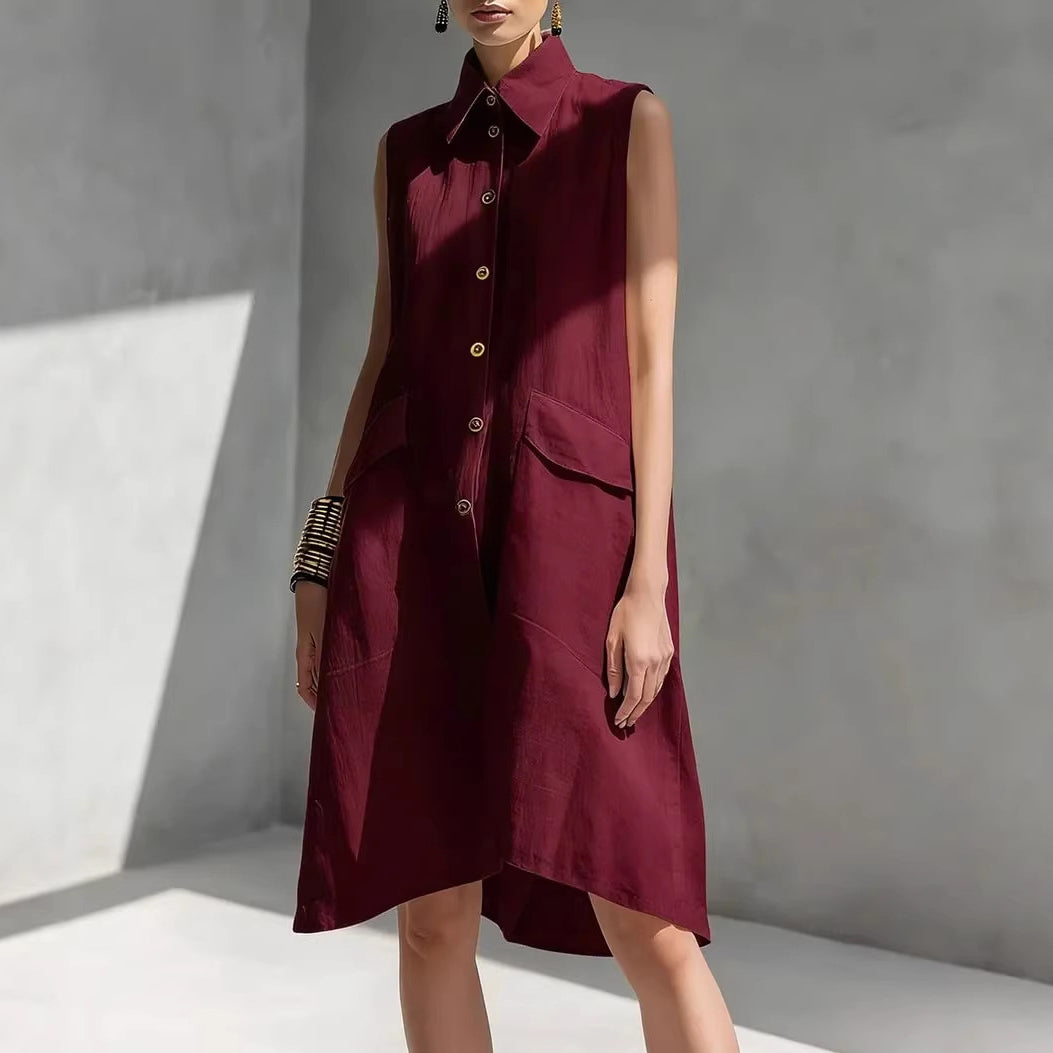 Women's Casual Cotton Linen Solid Color Lapel Sleeveless Loose Dress