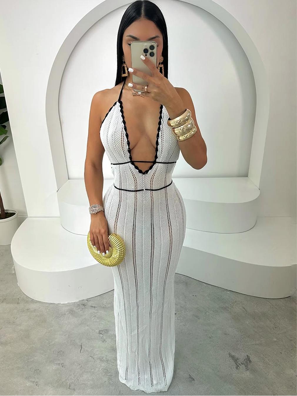 Women's Sexy Summer V-Neck Halter Backless Knitted Dress