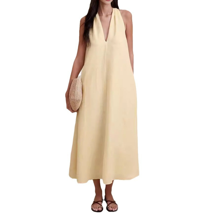 Women's Casual Solid Color V-Neck Sleeveless Pocket Loose Dress
