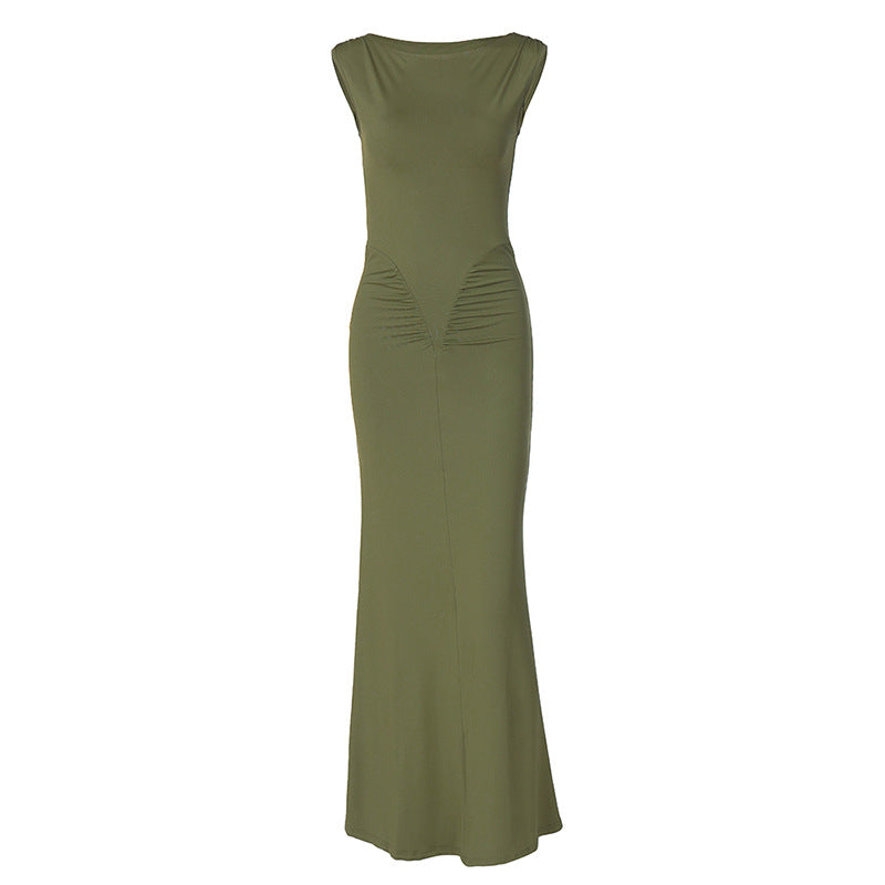 Women's Sexy Elegant Solid Color Slim Fit Pleated Sleeveless Dress