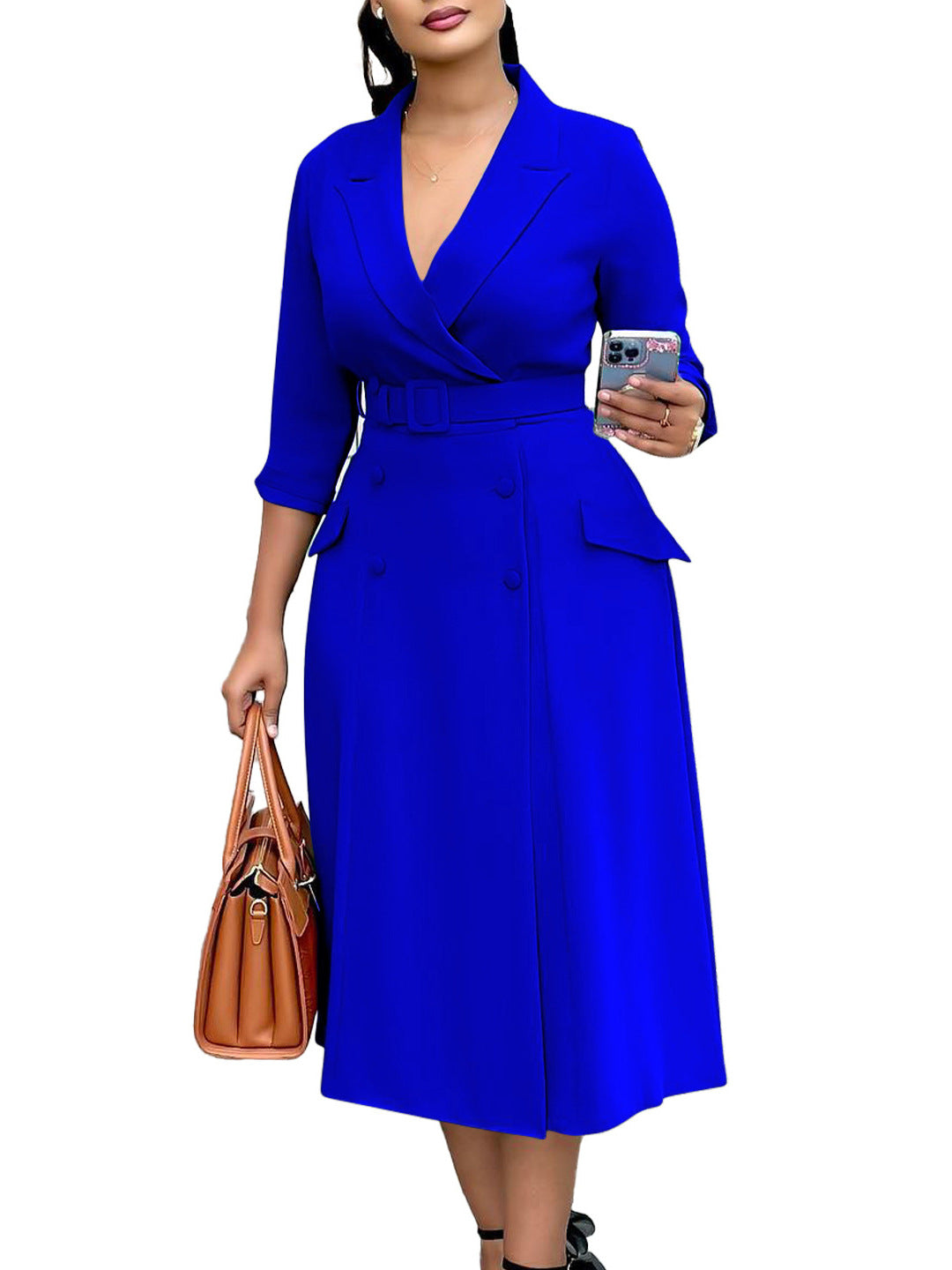 Women's Casual Office Solid Color V-Neck Double-Breasted Long Sleeve Belt Dress