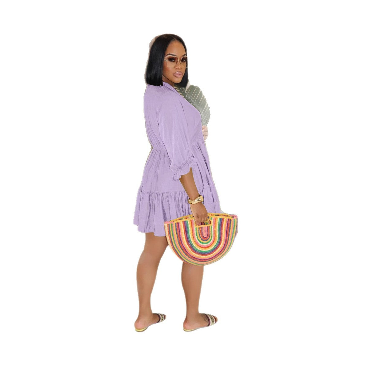 Women's Vacation Casual Solid Color V-Neck Style Mini Dress