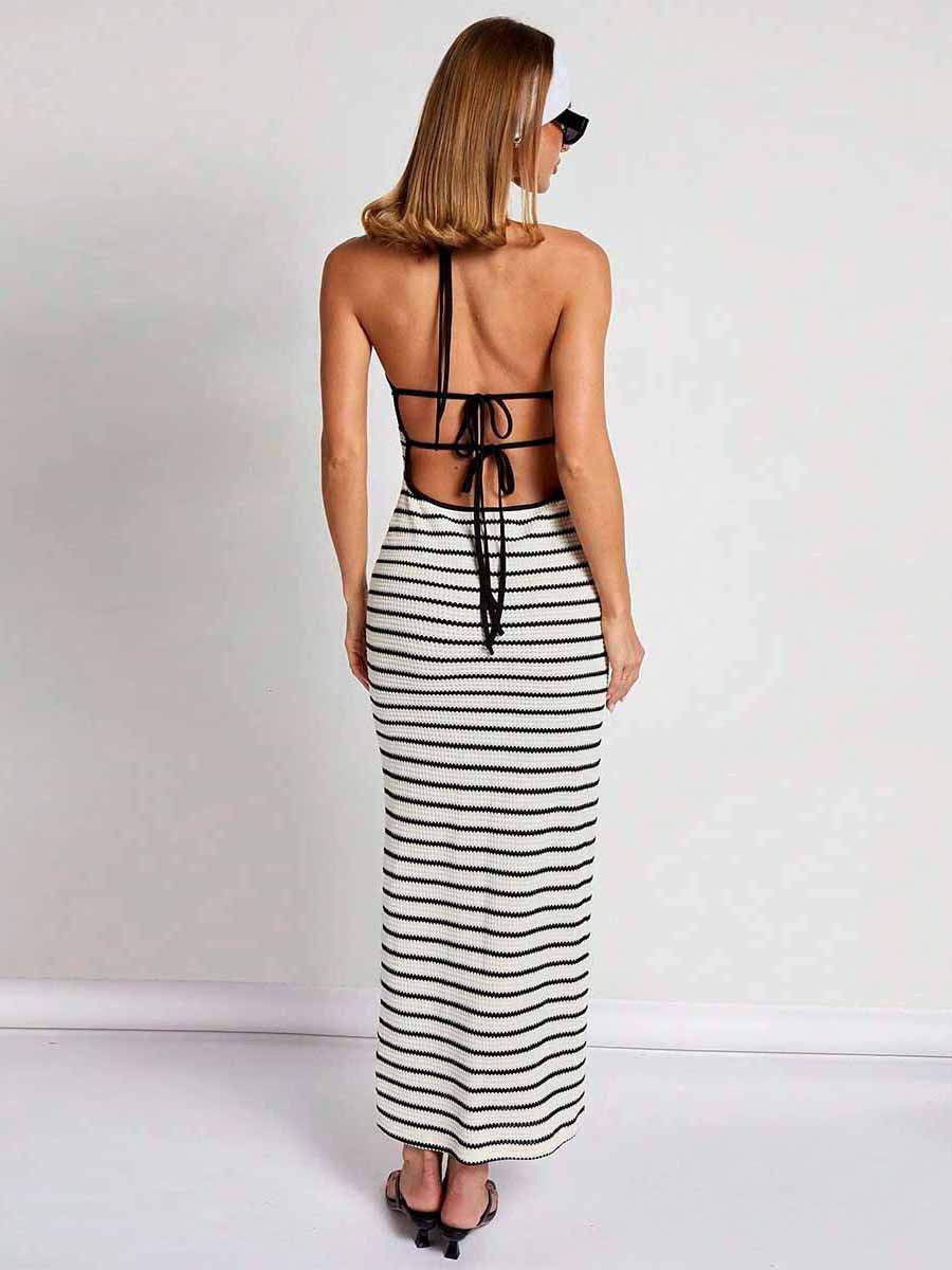 Women's Summer Sexy Stripe Neck Hollow Backless Bodycon Maxi Dress