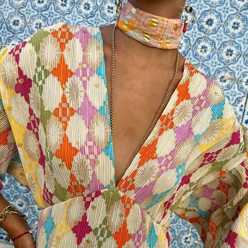 Women's Summer Elegant Geometry Print V-Neck Lantern Half-Sleeve Maxi Dress
