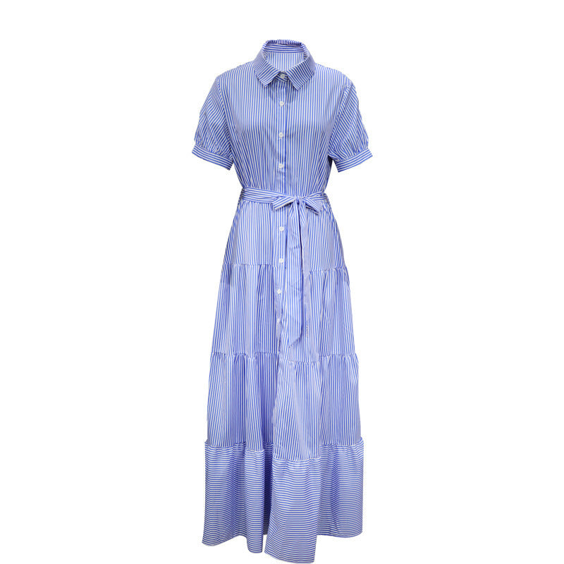 Women's Casual Classic Stripe Short Sleeve Sash Lapel Maxi Dress