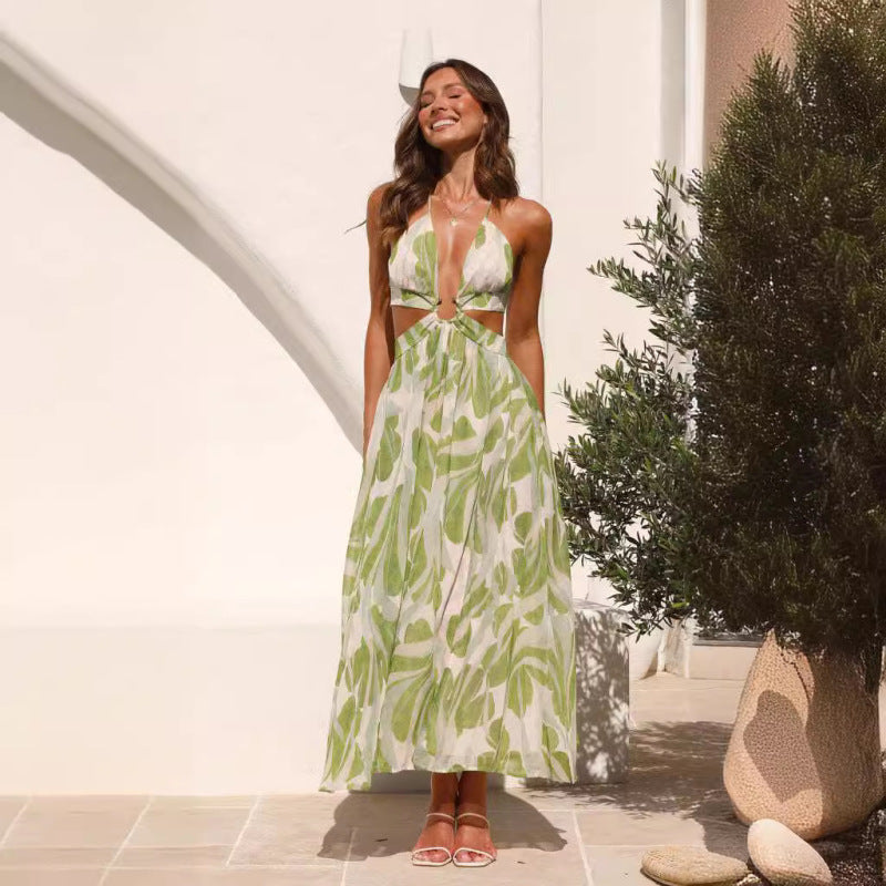 Women's Vacation V-Neck Backless Lace-Up Printed Maxi Dress