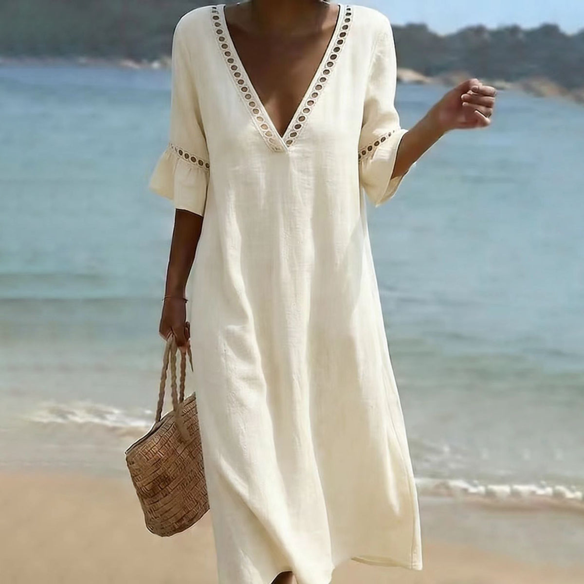 Women's Summer Boho Vacation Solid Color V-Neck Short Sleeve Loose Dress