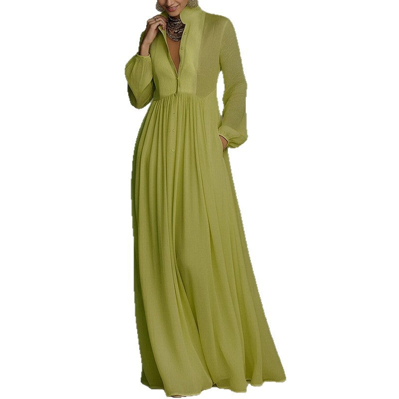 Women's Casual Summer Solid Color Collar Waist Long Sleeve Loose Dress