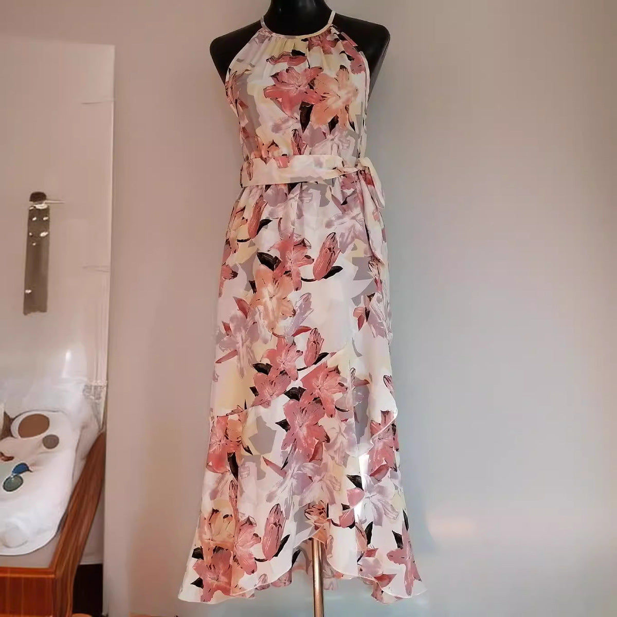 Women's Casual Floral Print Ruffled Halter Dress