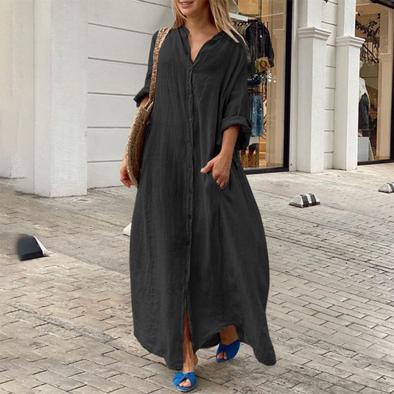 Women's Casual Cotton Linen Solid Color Pocket Shirt Maxi Dress