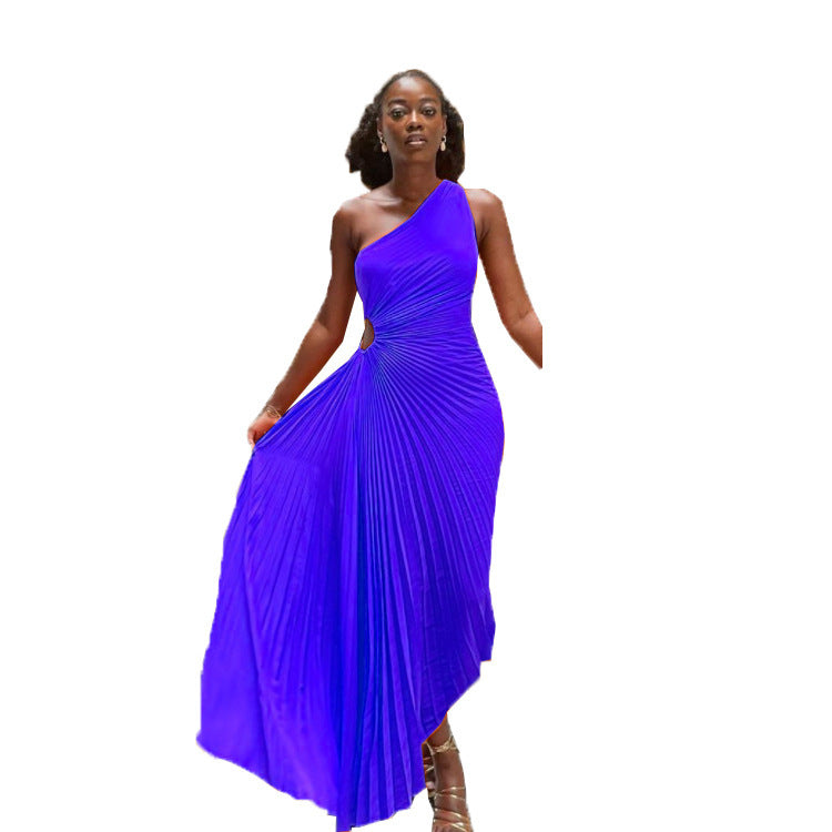 Women's One Shoulder Hollow Pressed Pleated Maxi Dress