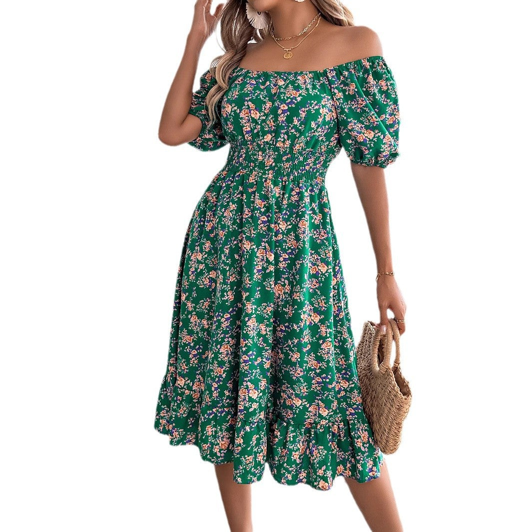 Women's Sexy Square Collar Short Sleeve High Waist A-Line Floral Dress