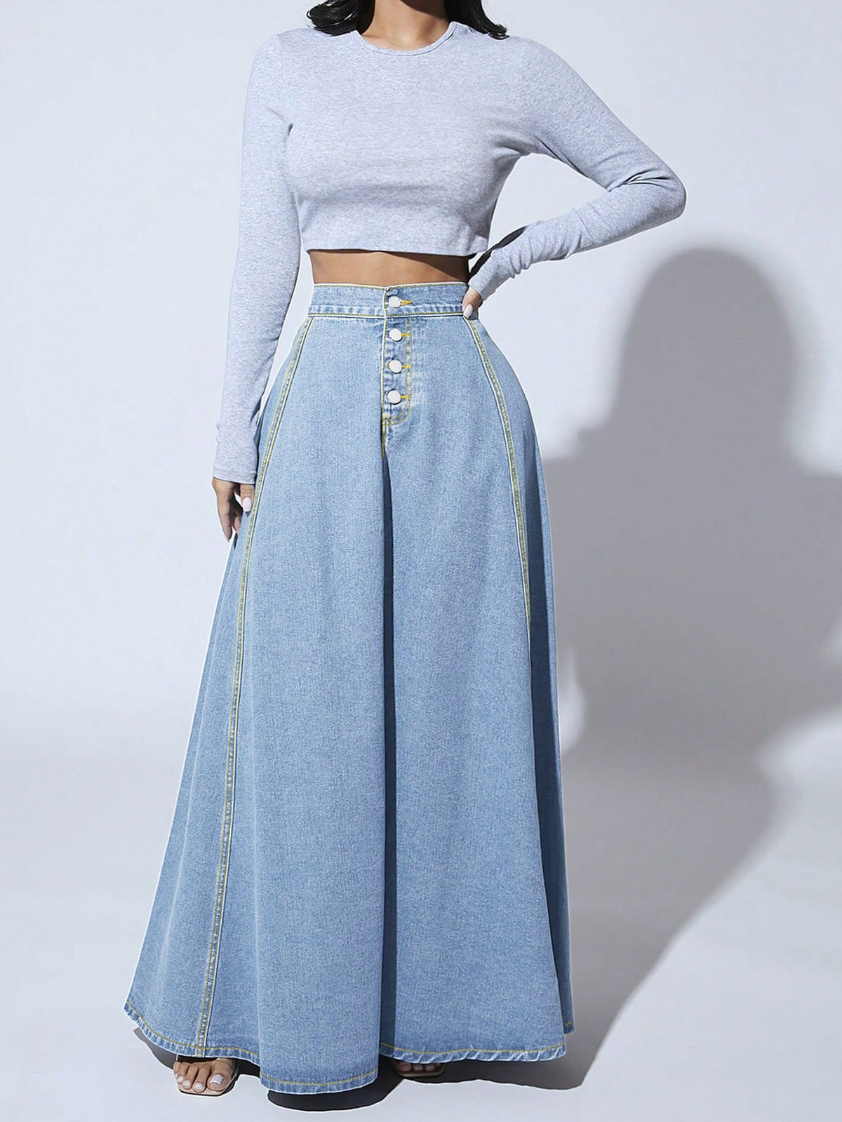 Women's Single-Breasted Denim A-Line Skirt Style Long Dress