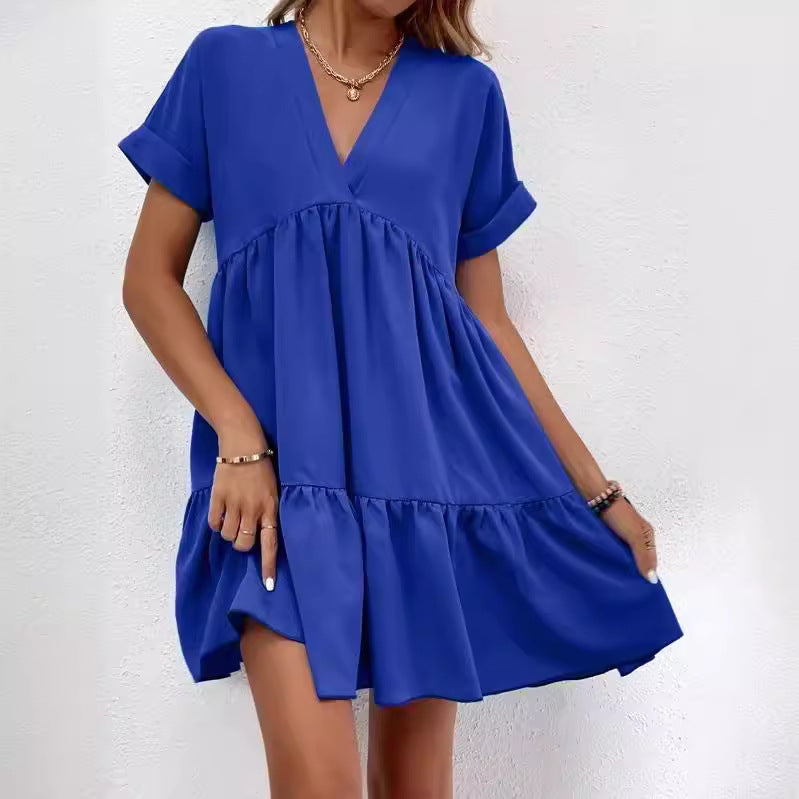 Women's Summer Casual V-Neck Short Sleeve Large Swing Dress