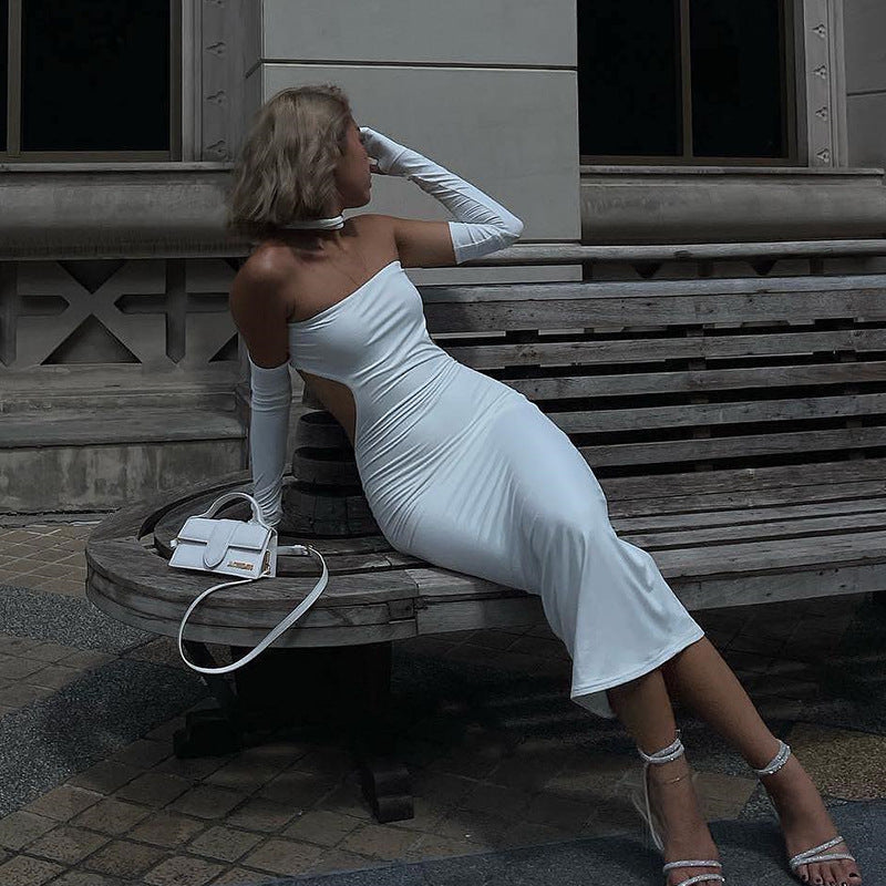 Women's Autumn Winter Sexy Low-Cut Solid Backless Halter Neck A-Line Dress
