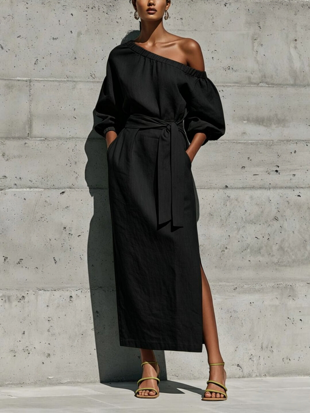 Women's Casual Solid Color Slant Shoulder Long Sleeve Lace-Up Split Pocket Dress