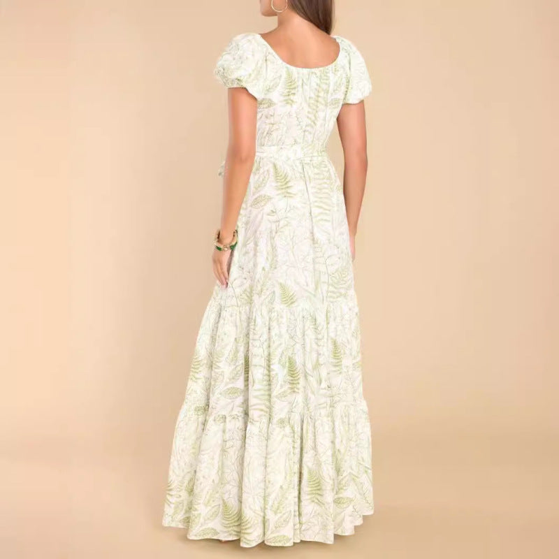 Women's Casual Printed Puff Sleeve Maxi Dress