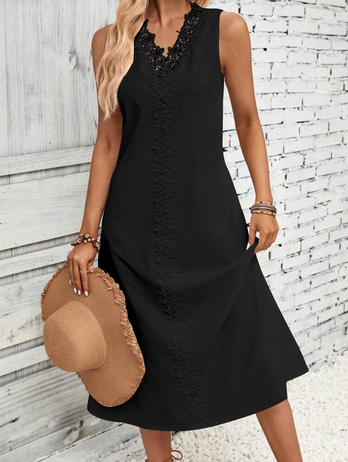 Women's Casual Summer Boho Vacation Solid Color Lace Stitching Sleeveless Dress