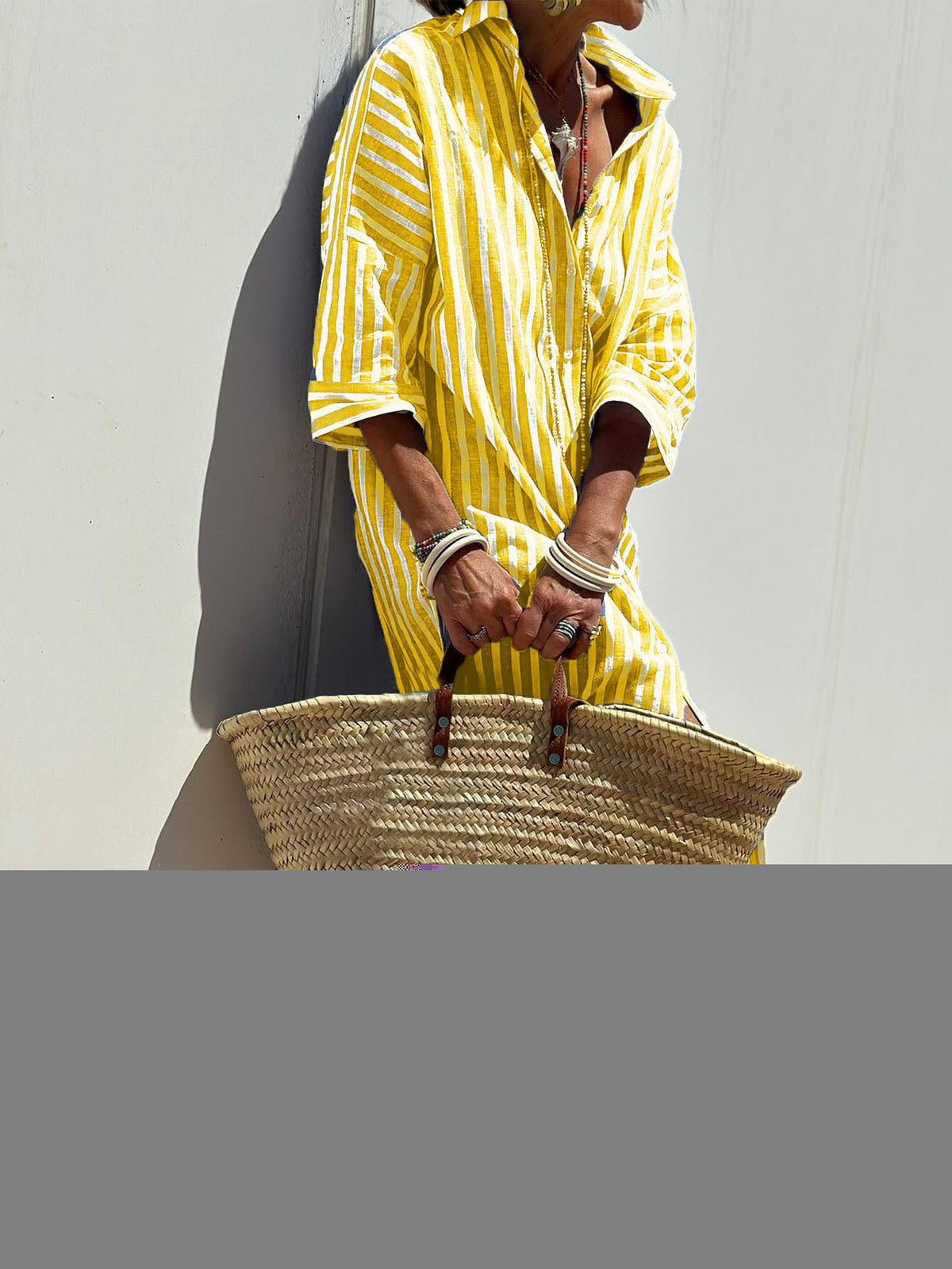 Women's Casual Lapel Stripe Shirt Split Midi Dress