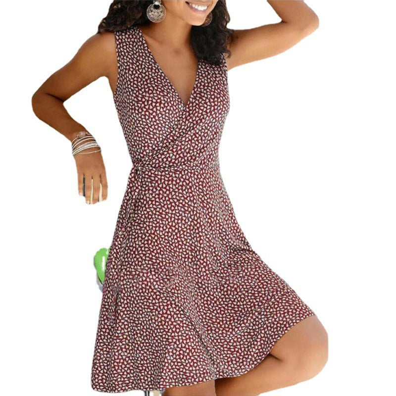 Women's Casual Polo-Dot Print Lace-Up Sleeveless Dress