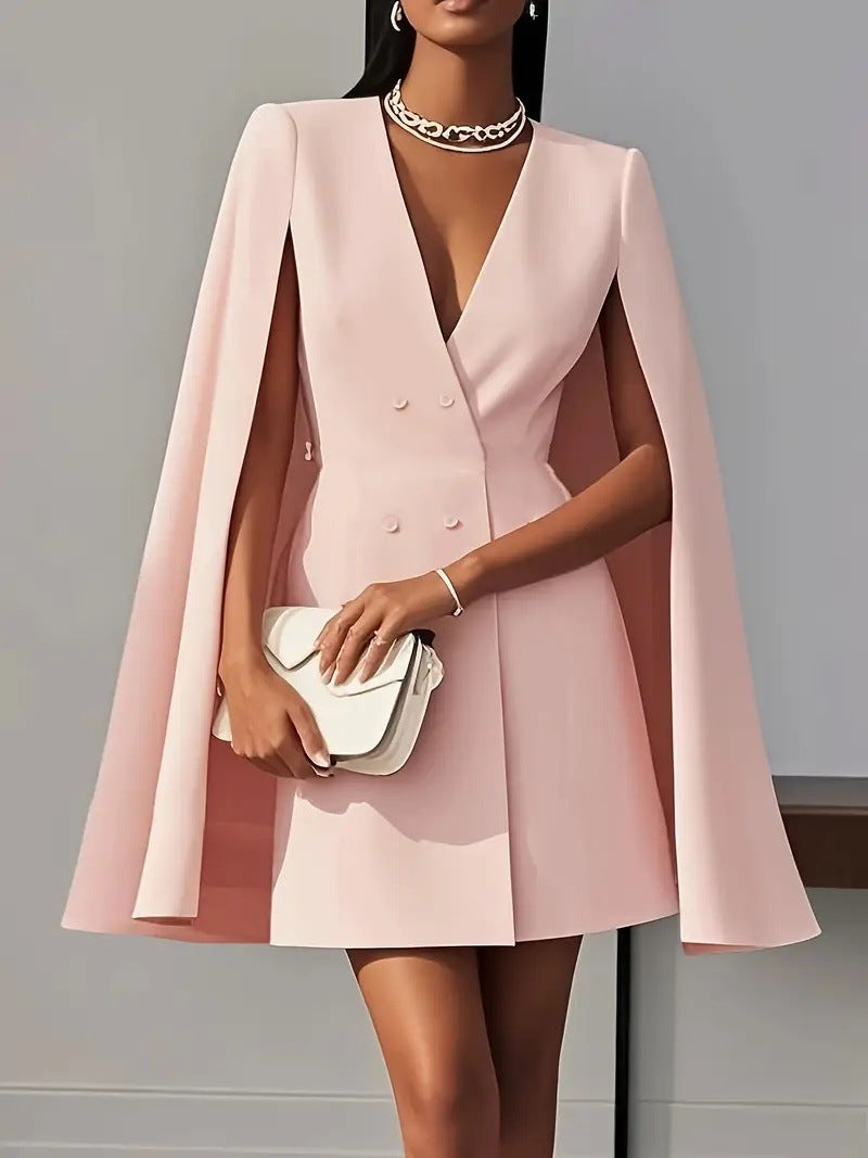 Women's Casual Solid Color Double-Breasted Cape Pleated Dress