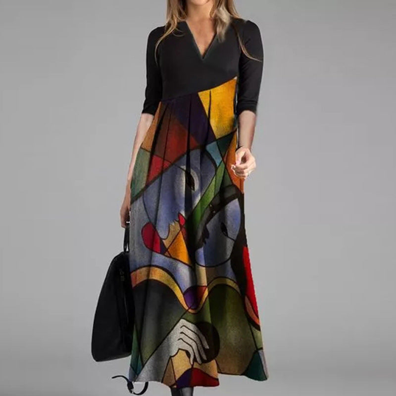 Women's Casual Geometric Print Maxi Dress, with V-Neck