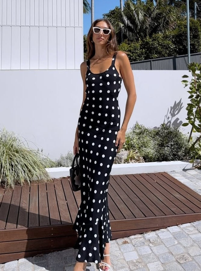 Women's Sexy Summer Polka Dot Print Sleeveless Tight Waist Dress