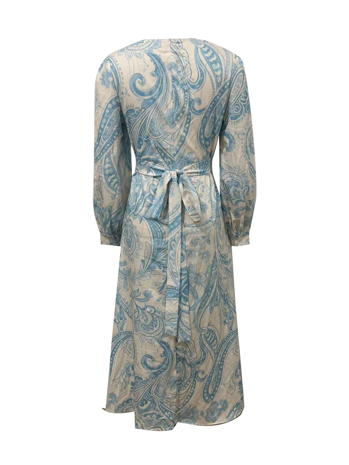 Women's Elegant Pattern Printed Round Neck Long Lantern Sleeve Long A-Line Dress