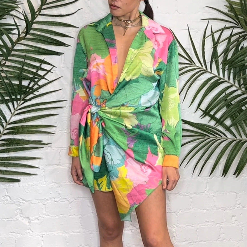 Women's Multicolor Print Lantern Sleeve Lace-Up Asymmetrical Dress