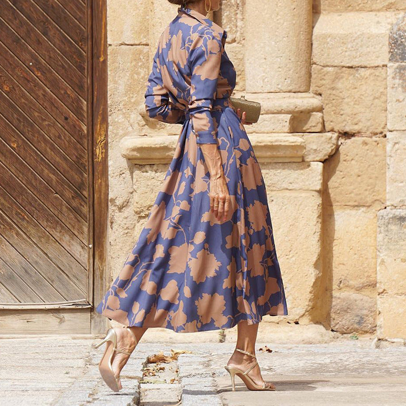 Women's Spring Temperament Printed Long Sleeve Lapel Midi Dress