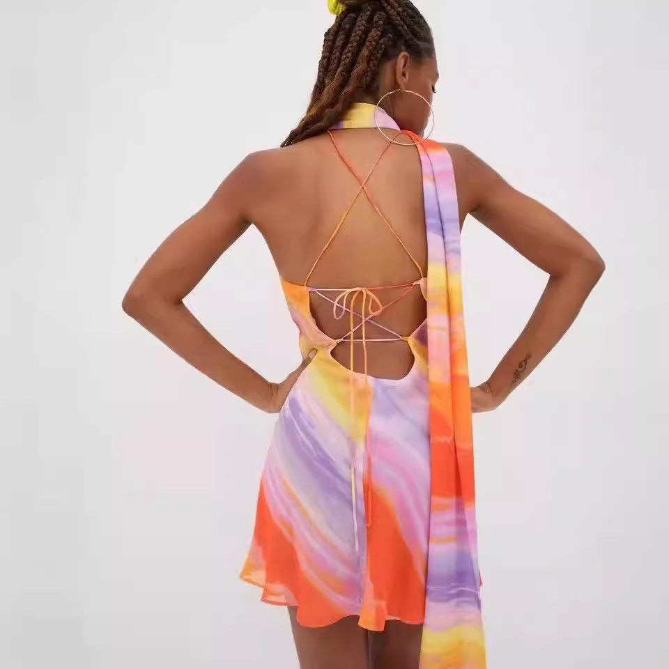 Women's Sexy Gradient Tie-Dye Halter-Neck Sleeveless Slim Fit Dress